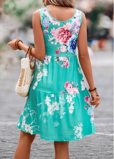 Mint Green dresses,Floral dresses,Button Floral Print Mint Green Short Dress