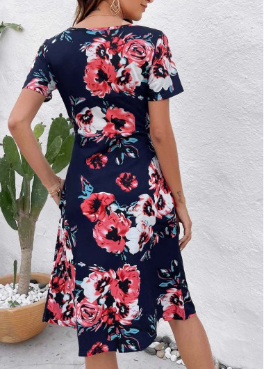 Navy dresses,Floral dresses,Patchwork Floral Print Navy V Neck Dress