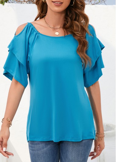 Sky Blue tops,Plain Color tops,Ruched Sky Blue Boat Neck Short Sleeve Blouse