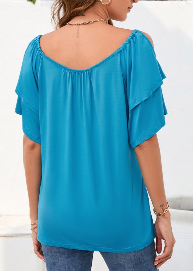 Sky Blue tops,Plain Color tops,Ruched Sky Blue Boat Neck Short Sleeve Blouse