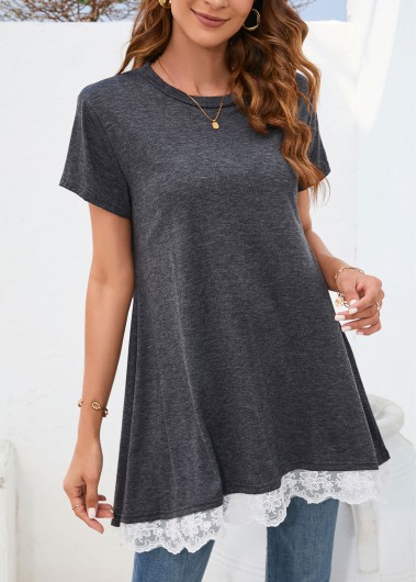 Dark Grey tops,Plain Color tops,Lace Dark Grey Round Neck T Shirt