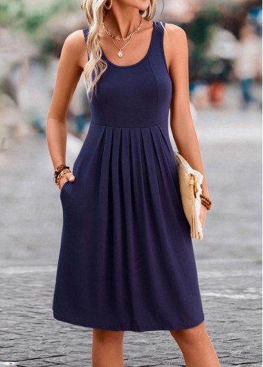 Navy dresses,Plain Color dresses,Pleated Navy H Shape Scoop Neck Sleeveless Dress