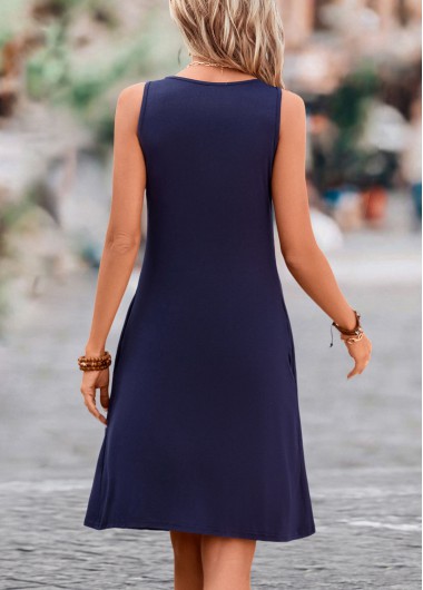 Navy dresses,Plain Color dresses,Pleated Navy H Shape Scoop Neck Sleeveless Dress