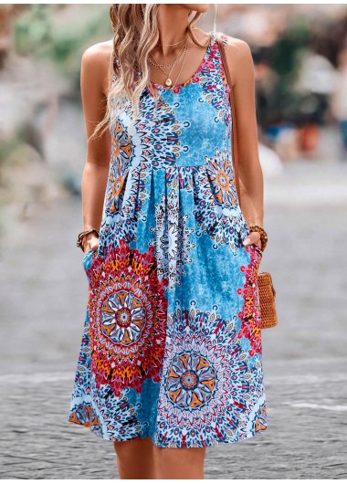 Blue dresses,Tribal dresses,Pleated Tribal Print Blue Short H Shape Dress