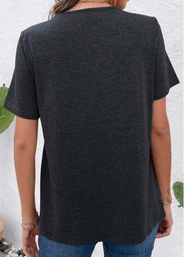 Dark Grey tops,Plain Color tops,Zipper Dark Grey Round Neck T Shirt