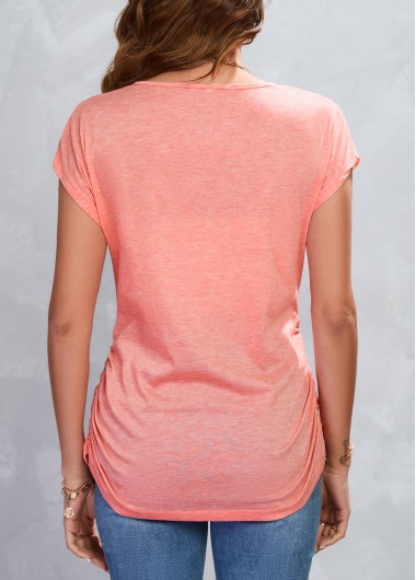 Pink tops,Plain Color tops,Zipper Pink V Neck Short Sleeve T Shirt