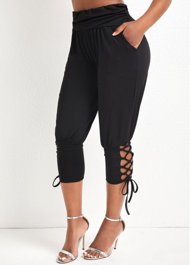 Black bottoms,Plain Color bottoms,Lace Up Black Elastic Waist Jogger Pants
