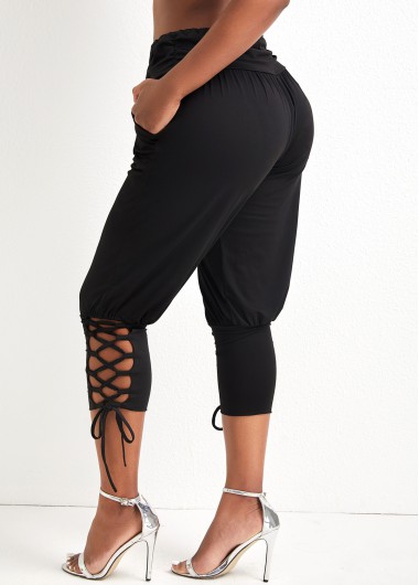 Black bottoms,Plain Color bottoms,Lace Up Black Elastic Waist Jogger Pants