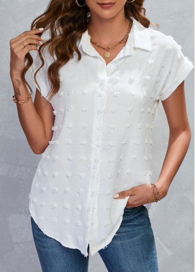 White tops,Plain Color tops,Button White Shirt Collar Short Sleeve Blouse