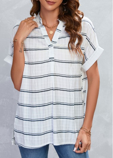 White tops,Striped tops,Geometric tops,Split Striped White Short Sleeve Blouse