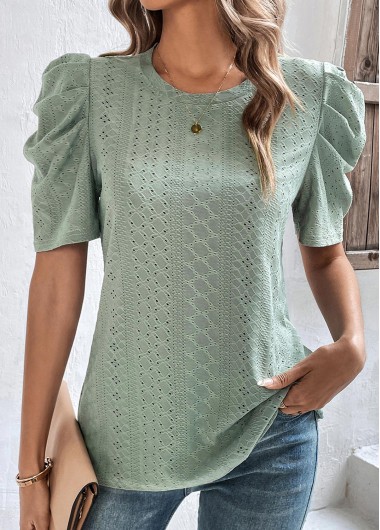 Sage Green tops,Plain Color tops,Smocked Sage Green Round Neck T Shirt