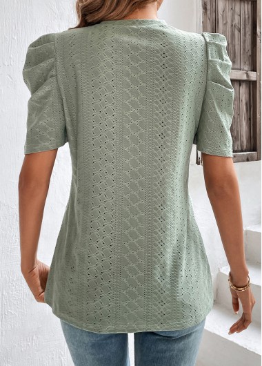 Sage Green tops,Plain Color tops,Smocked Sage Green Round Neck T Shirt
