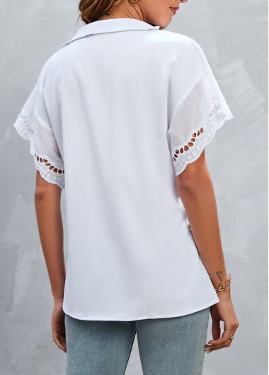White tops,Plain Color tops,Patchwork White V Neck Short Sleeve T Shirt