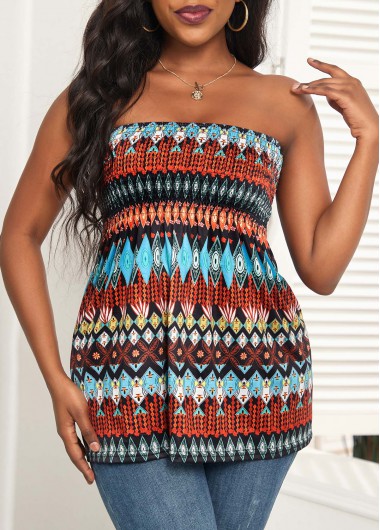 Multi Color tops,Tribal tops,Ruched Tribal Print Multi Color Bandeau Tank Top