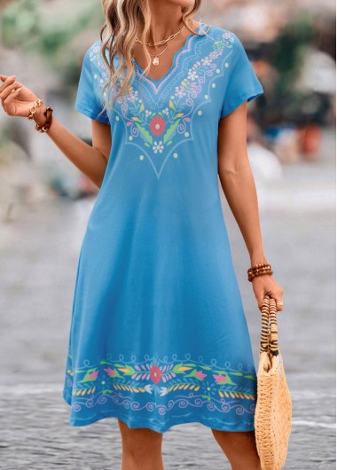 Blue dresses,Floral dresses,Geometric dresses,Scalloped Hem Floral Print Blue A Line Dress