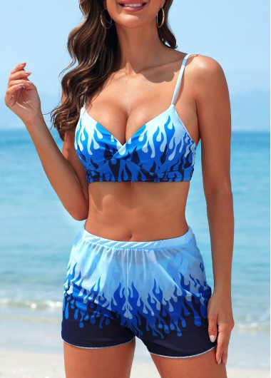 Blue swimwear,Graphic swimwear,Three-piece Blue Fire Print Mid Waisted Bikini Set