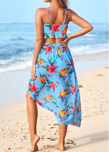 Light Blue swimwear,Floral swimwear,Ruffle Light Blue Floral Print Bikini Sets