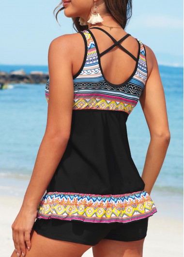 Black swimwear,Striped swimwear,Geometric swimwear,Dot swimwear,Tribal swimwear,Criss Cross Black Striped Mid Waisted Tankini Set