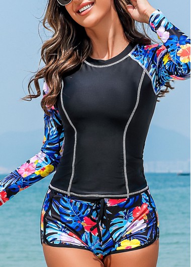 Navy swimwear,Plants swimwear,Floral swimwear,Tie Navy Tropical Plants Print Tankini Set