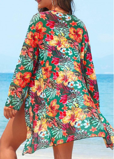 Green swimwear,Floral swimwear,Plants swimwear,Three-piece Green Floral Print High Waisted Bikini Set