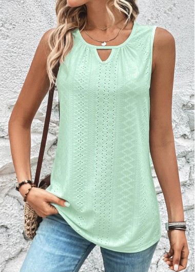 Light Green tops,Plain Color tops,ROTITA Cut Out Light Green Round Neck Tank Top