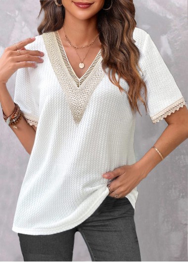 White tops,Plain Color tops,ROTITA Lace White V Neck Short Sleeve T Shirt