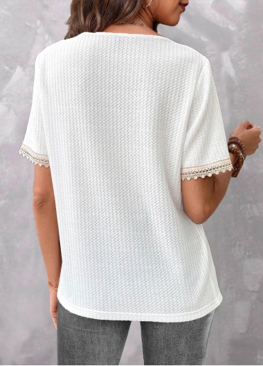 White tops,Plain Color tops,ROTITA Lace White V Neck Short Sleeve T Shirt