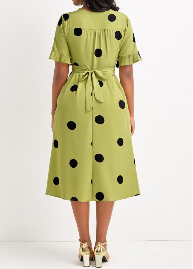 Avocado Green dresses,Dot dresses,ROTITA Criss Cross Belted Polka Dot Avocado Green Dress