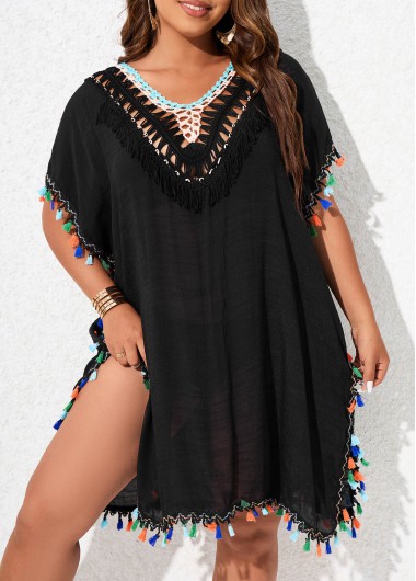 Black plus size,Contrast Color plus size,Plus Size Tassel Black V Neck Cover Up