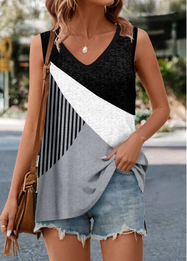 Grey tops,Contrast Color tops,Striped tops,Geometric tops,ROTITA Grey V Neck Tunic Tank Top