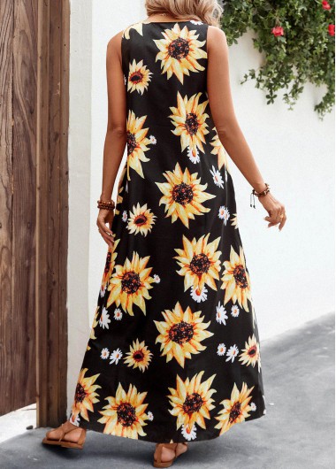 Black dresses,Plants dresses,Floral dresses,Umbrella Hem Sunflower Print Black Maxi Dress