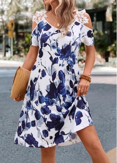 White dresses,Blue dresses,Floral dresses,Plants dresses,Patchwork Floral Print White Short A Line Dress