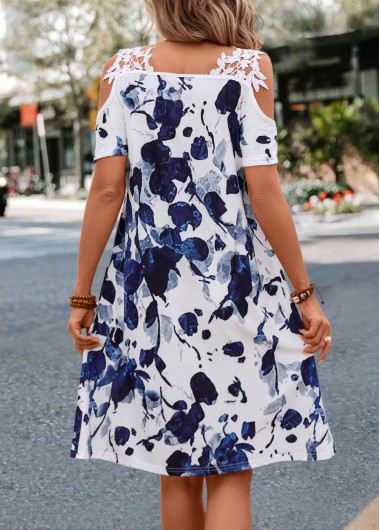 White dresses,Blue dresses,Floral dresses,Plants dresses,Patchwork Floral Print White Short A Line Dress