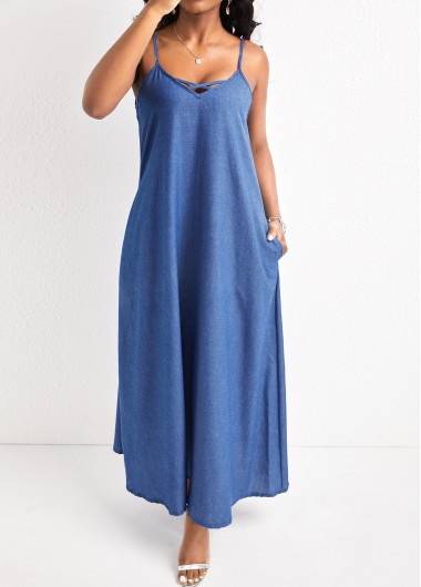 Denim Blue dresses,Plain Color dresses,ROTITA Pocket Denim Blue A Line Maxi Dress
