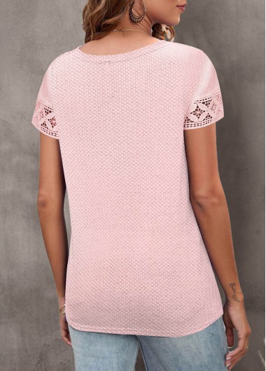 Light Pink tops,Plain Color tops,ROTITA Lace Light Pink Round Neck Short Sleeve T Shirt