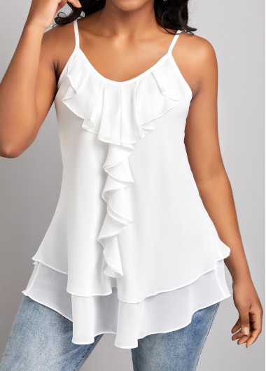 White tops,Plain Color tops,ROTITA Ruffle White Scoop Neck Strappy Camisole Top