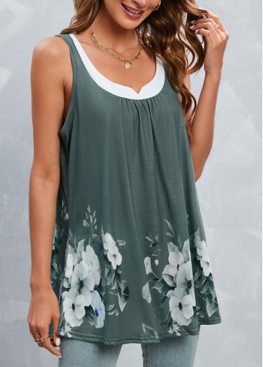 Green tops,Floral tops,Patchwork Floral Print Green Scoop Neck Tank Top