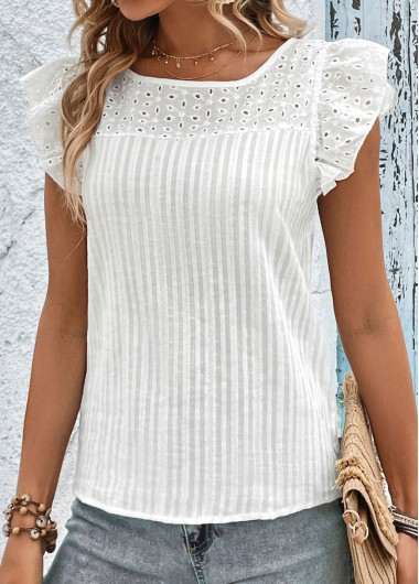 White tops,Plain Color tops,Patchwork White Round Neck Short Sleeve T Shirt