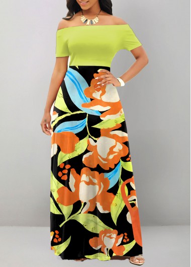 Multi Color dresses,Floral dresses,ROTITA Floral Print Multi Color Off Shoulder Maxi Dress