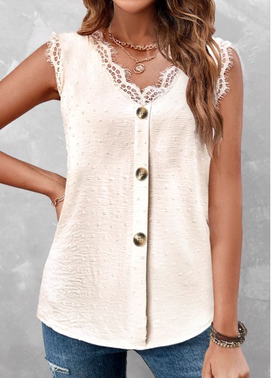 Beige tops,Plain Color tops,ROTITA Lace Beige V Neck Sleeveless Tank Top