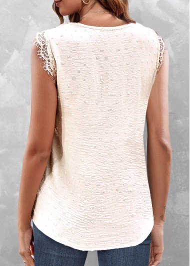 Beige tops,Plain Color tops,ROTITA Lace Beige V Neck Sleeveless Tank Top