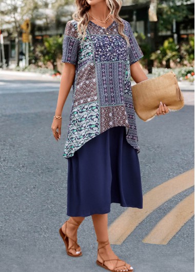 Navy dresses,Tribal dresses,Geometric dresses,Ditsy Floral dresses,Fake 2in1 Tribal Print Navy H Shape Dress