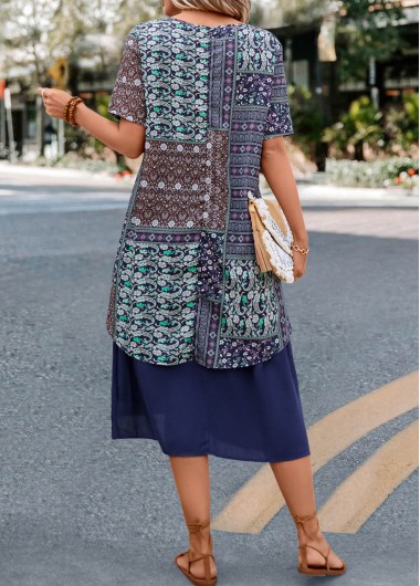 Navy dresses,Tribal dresses,Geometric dresses,Ditsy Floral dresses,Fake 2in1 Tribal Print Navy H Shape Dress