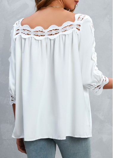 White tops,Plain Color tops,Patchwork White 3/4 Sleeve Square Neck Blouse