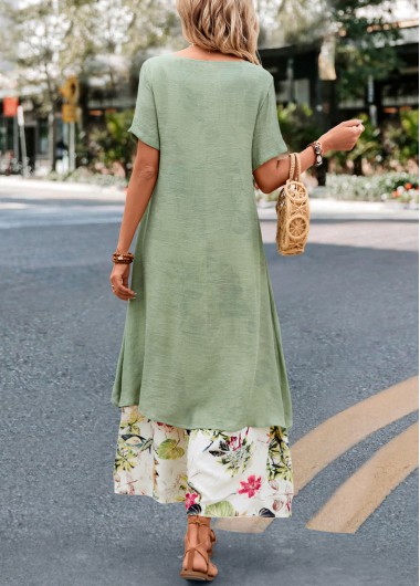 Sage Green dresses,Beige dresses,Plants dresses,Floral dresses,Everyday dresses,Casual dresses,Fake 2in1 Leaf Print Sage Green Dress