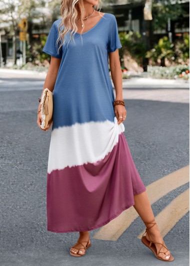 Dusty Blue dresses,Contrast Color dresses,Umbrella Hem Dusty Blue A Line Maxi Dress