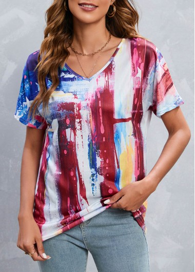 Multi Color tops,Flag tops,Lightweight Flag Print Multi Color T Shirt