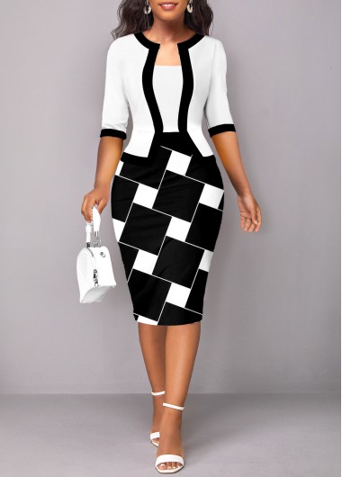 White dresses,Black dresses,Geometric dresses,ROTITA Patchwork Geometric Print White Square Neck Bodycon Dress