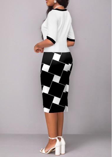 White dresses,Black dresses,Geometric dresses,ROTITA Patchwork Geometric Print White Square Neck Bodycon Dress