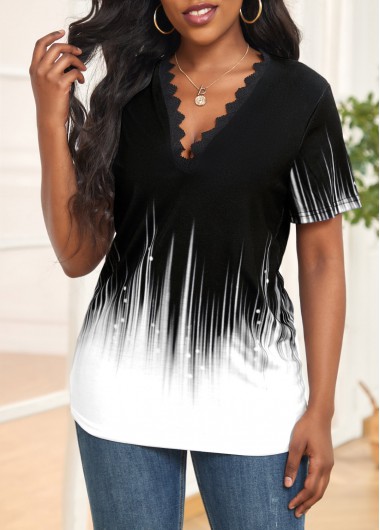 Black tops,White tops,Ombre tops,Striped tops,Dot tops,Lace Ombre Black V Neck T Shirt
